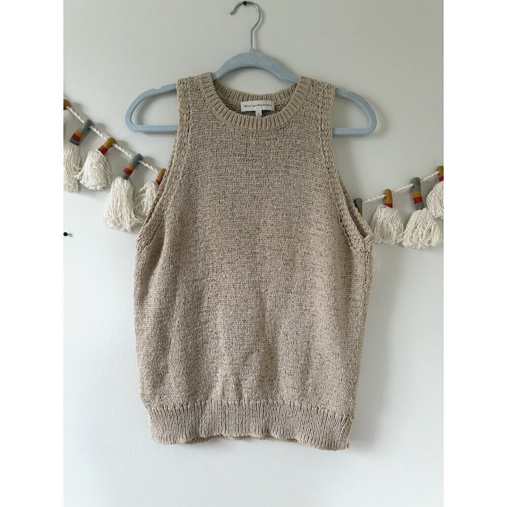 White + Warren Crochet Open Knit Sleeveless Nylon Tank Sand Neutral Coastal L